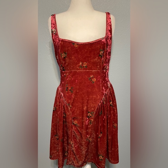 Rust Crushed Velvet Floral Dress Open Back Bow Y2K Fairycore Whimsigoth 2XL NWT - Picture 2 of 11